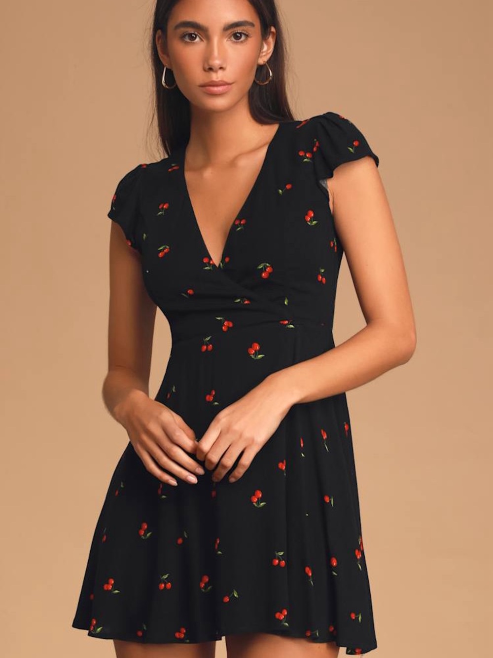 Lulu's Black Mini Dress with Red Cherry Print